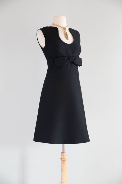 Sculptural 1960's MOD Cocktail Dress In Inky Black Shantung Silk / SM