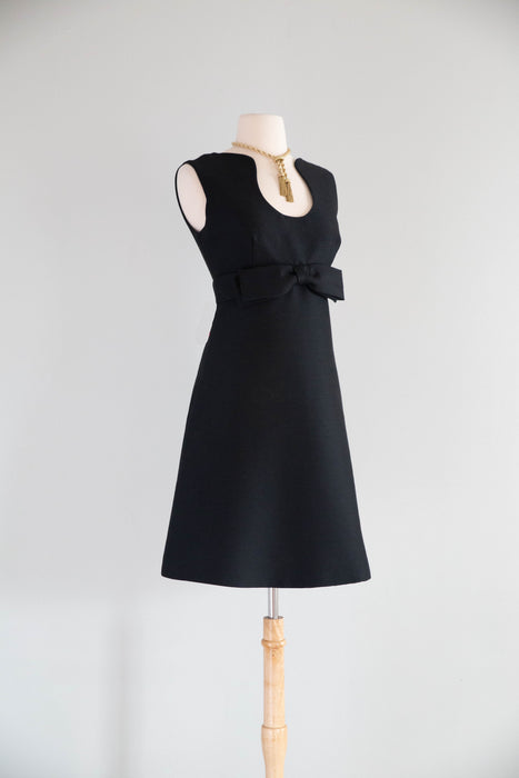 Sculptural 1960's MOD Cocktail Dress In Inky Black Shantung Silk / SM