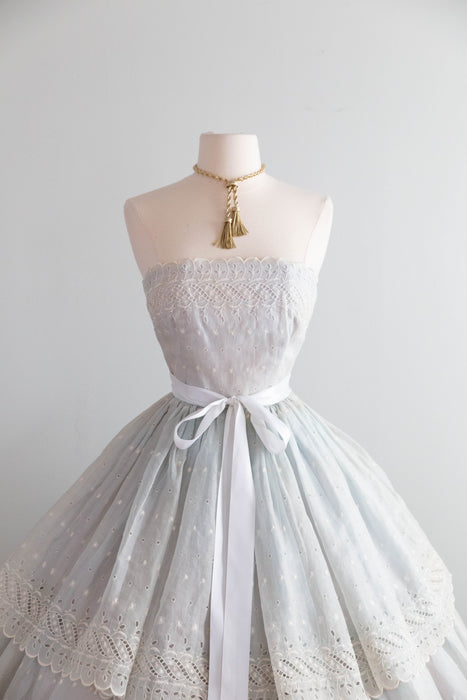 Romantic 1950's Eggshell Cotton Organdy Eyelet Strapless Party Dress / XS