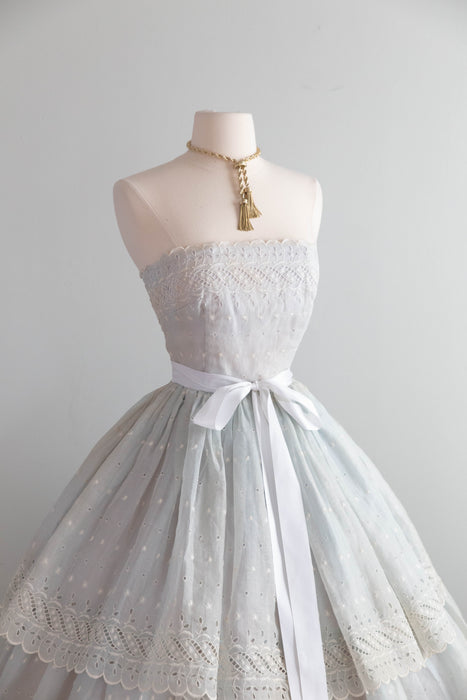 Romantic 1950's Eggshell Cotton Organdy Eyelet Strapless Party Dress / XS