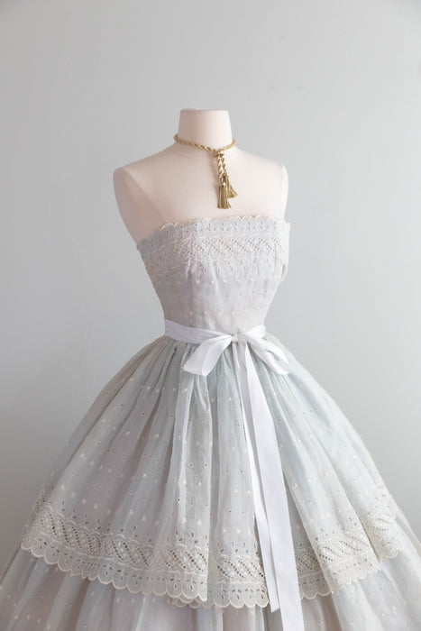 Romantic 1950's Eggshell Cotton Organdy Eyelet Strapless Party Dress / XS