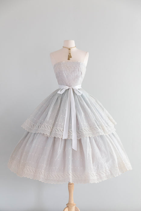Romantic 1950's Eggshell Cotton Organdy Eyelet Strapless Party Dress / XS