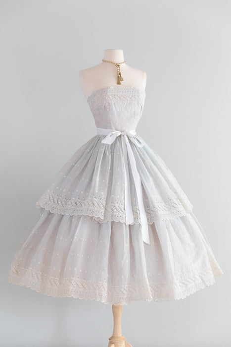 Romantic 1950's Eggshell Cotton Organdy Eyelet Strapless Party Dress / XS