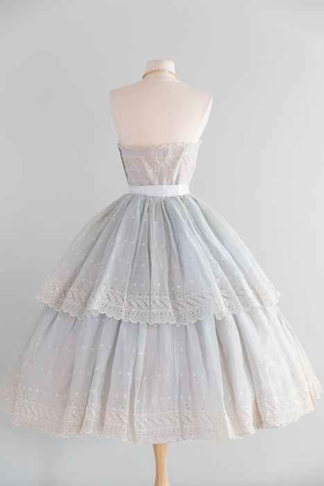 Romantic 1950's Eggshell Cotton Organdy Eyelet Strapless Party Dress / XS