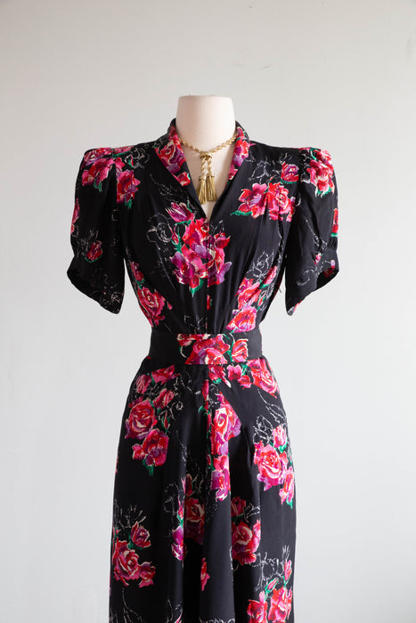 My Favorite 1930's Silk Rose Print Full Length Evening Dress With Sash / M