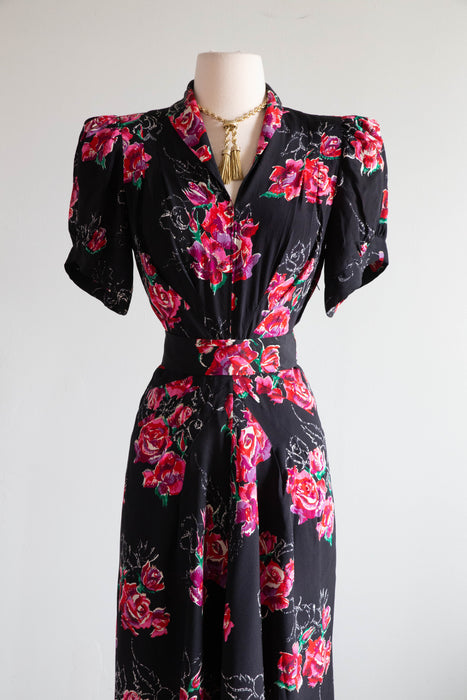 My Favorite 1930's Silk Rose Print Full Length Evening Dress With Sash / M
