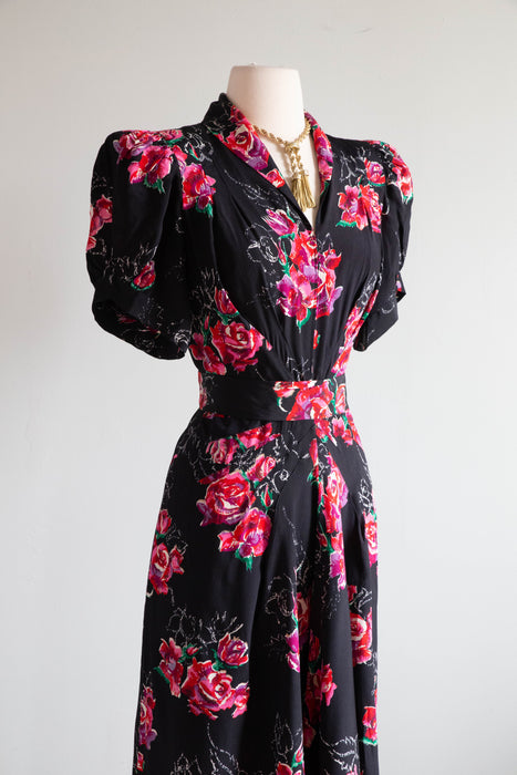 My Favorite 1930's Silk Rose Print Full Length Evening Dress With Sash / M