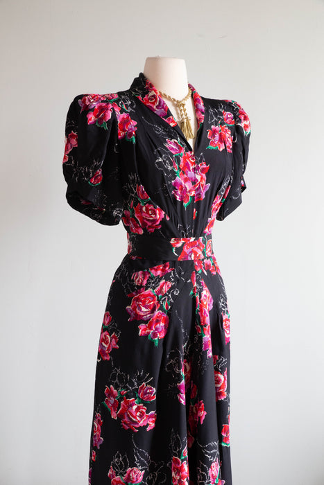 My Favorite 1930's Silk Rose Print Full Length Evening Dress With Sash / M
