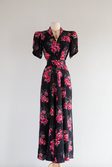 My Favorite 1930's Silk Rose Print Full Length Evening Dress With Sash / M
