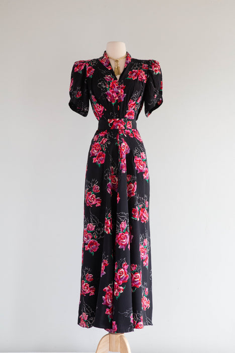 My Favorite 1930's Silk Rose Print Full Length Evening Dress With Sash / M