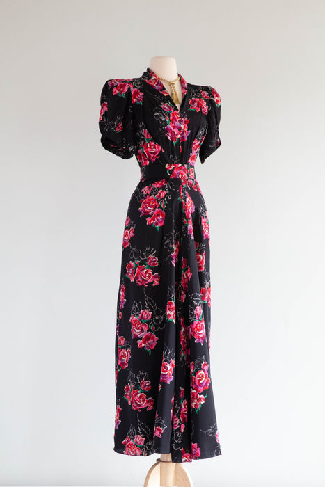 My Favorite 1930's Silk Rose Print Full Length Evening Dress With Sash / M