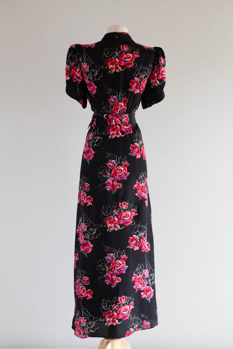 My Favorite 1930's Silk Rose Print Full Length Evening Dress With Sash / M
