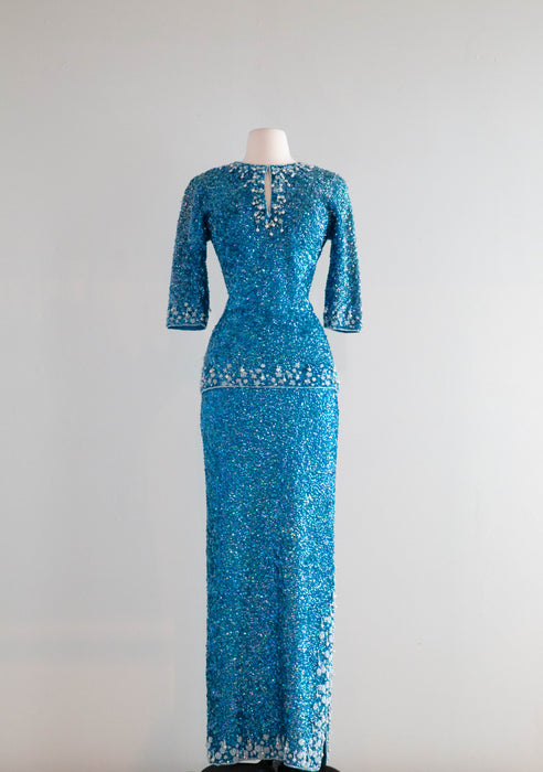 Iconic 1960's Mermaid Iridescent Gene Shelly Fully Beaded Evening Gown Set / Medium