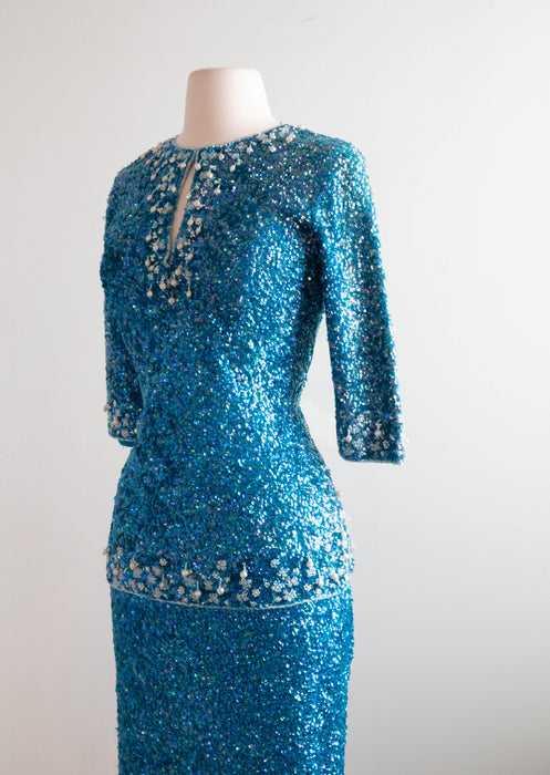 Iconic 1960's Mermaid Iridescent Gene Shelly Fully Beaded Evening Gown Set / Medium