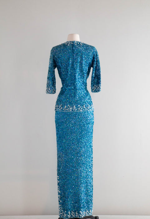 Iconic 1960's Mermaid Iridescent Gene Shelly Fully Beaded Evening Gown Set / Medium