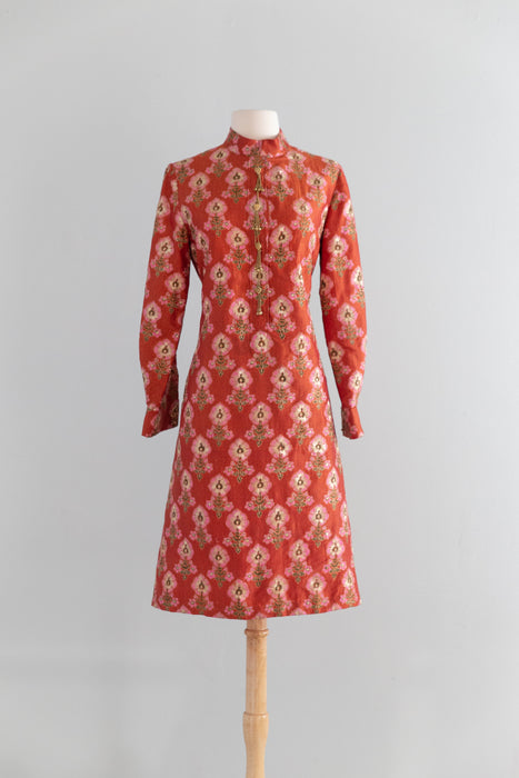 Incredible 1960's Indian Silk Shift Dress With Metallic Gold Embroidered Thread / M