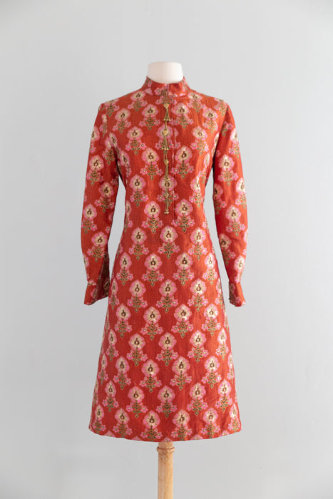 Incredible 1960's Indian Silk Shift Dress With Metallic Gold Embroidered Thread / M
