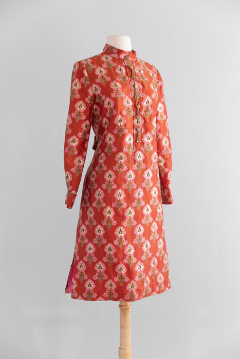 Incredible 1960's Indian Silk Shift Dress With Metallic Gold Embroidered Thread / M