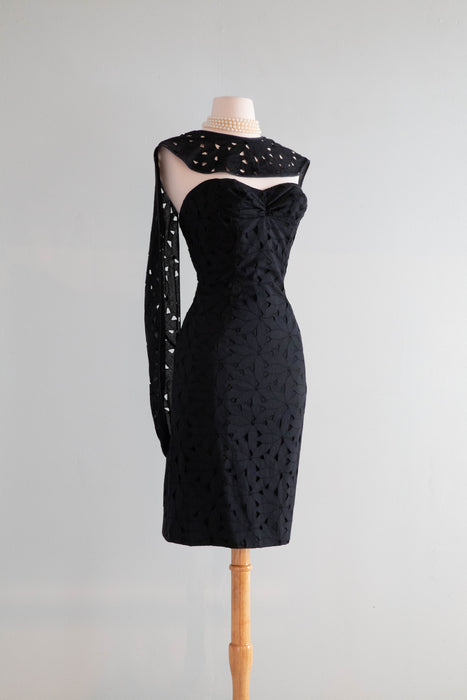 Iconic 1950's Estevez Grenelle Black Eyelet Wiggle Dress With Dramatic Xtabay Vintage Iconic 1950's Estevez Grenelle Black Eyelet Wiggle Dress With Dramatic Xtabay Vintage