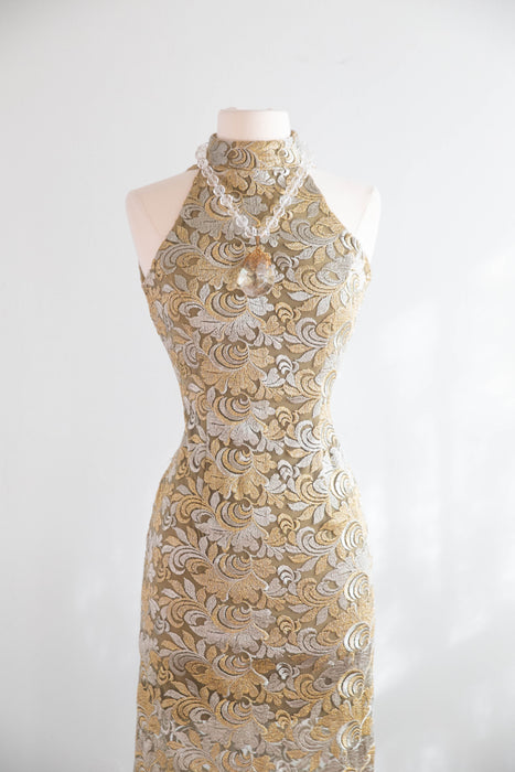 Stunning 1990's Custom Embroidered Net Evening Gown With Train / S