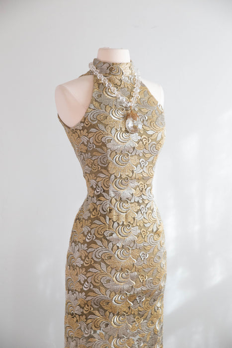 Stunning 1990's Custom Embroidered Net Evening Gown With Train / S