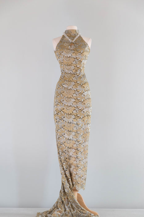 Stunning 1990's Custom Embroidered Net Evening Gown With Train / S