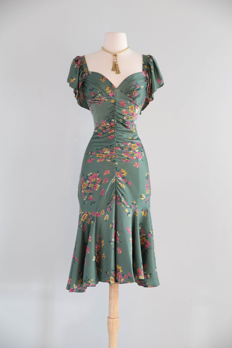 Beautiful Vintage Betsey Johnson Bottle Green Silk Floral Print Dress / M