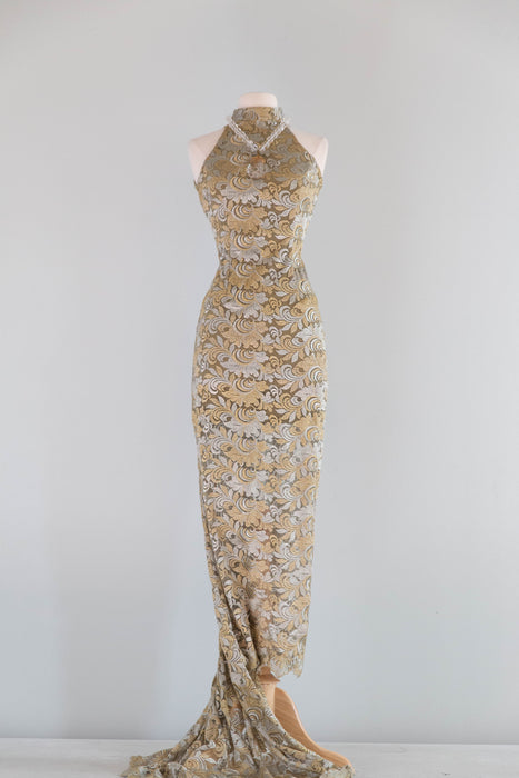 Stunning 1990's Custom Embroidered Net Evening Gown With Train / S