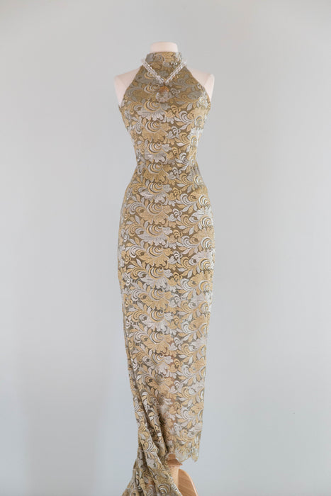 Stunning 1990's Custom Embroidered Net Evening Gown With Train / S