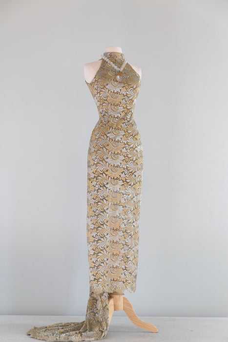 Stunning 1990's Custom Embroidered Net Evening Gown With Train / S