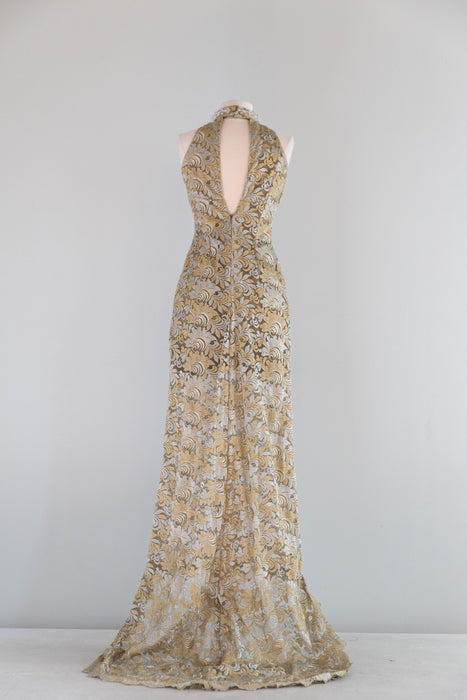 Stunning 1990's Custom Embroidered Net Evening Gown With Train / S