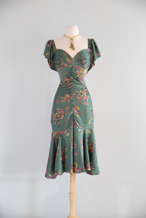 Beautiful Vintage Betsey Johnson Bottle Green Silk Floral Print Dress / M