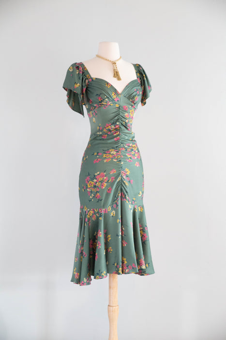 Beautiful Vintage Betsey Johnson Bottle Green Silk Floral Print Dress / M