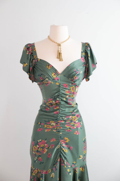 Beautiful Vintage Betsey Johnson Bottle Green Silk Floral Print Dress / M