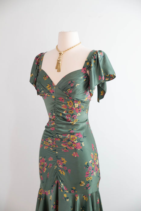 Beautiful Vintage Betsey Johnson Bottle Green Silk Floral Print Dress / M