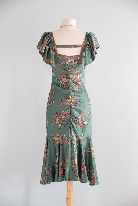Beautiful Vintage Betsey Johnson Bottle Green Silk Floral Print Dress / M