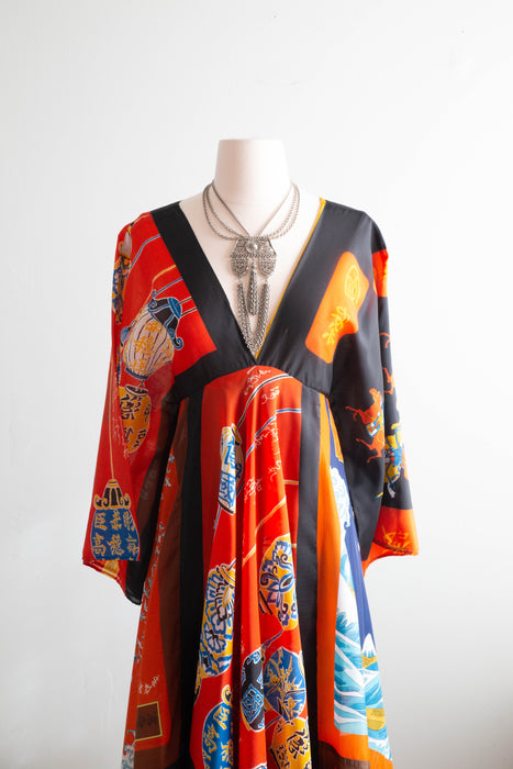 Vintage La Vetta Of Beverly Hills 1970's Patchwork Dragon Motif Scarf Dress / Medium