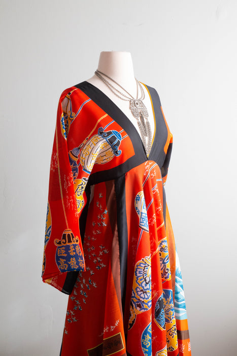 Vintage La Vetta Of Beverly Hills 1970's Patchwork Dragon Motif Scarf Dress / Medium