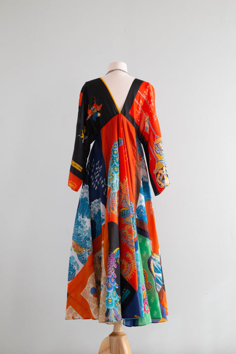 Vintage La Vetta Of Beverly Hills 1970's Patchwork Dragon Motif Scarf Dress / Medium