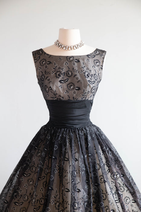 Gorgeous 1950's Flocked Lace Print Cocktail Dress / S
