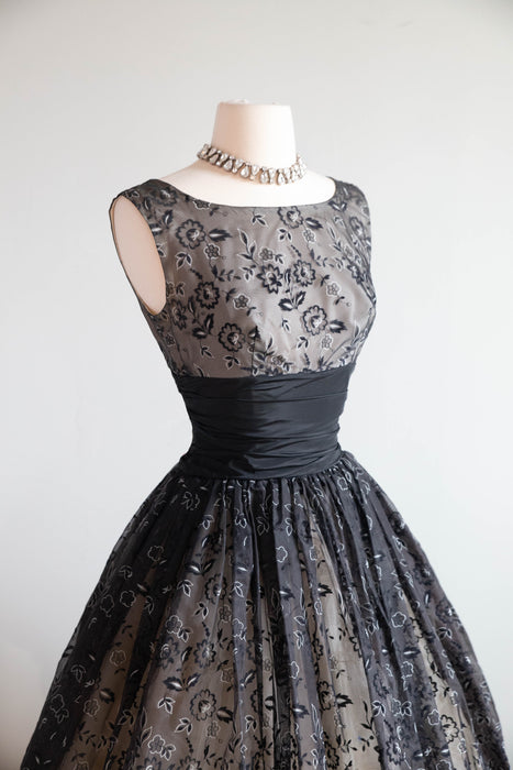 Gorgeous 1950's Flocked Lace Print Cocktail Dress / S