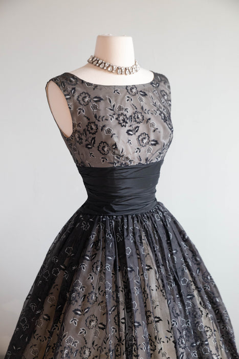 Gorgeous 1950's Flocked Lace Print Cocktail Dress / S