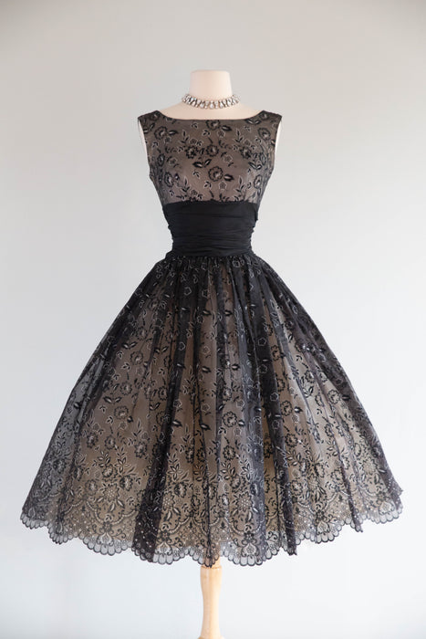Gorgeous 1950's Flocked Lace Print Cocktail Dress / S