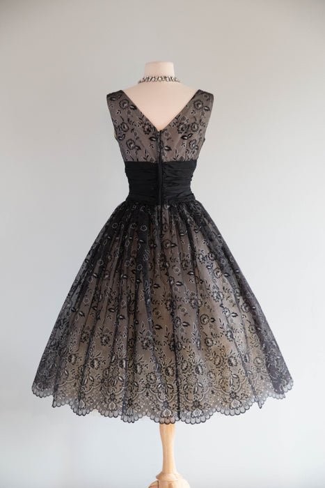 Gorgeous 1950's Flocked Lace Print Cocktail Dress / S