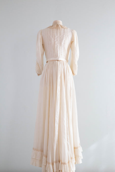 Exquisite Edwardian Cotton Wedding Gown With Lace Collar Flowing Skirt / Small