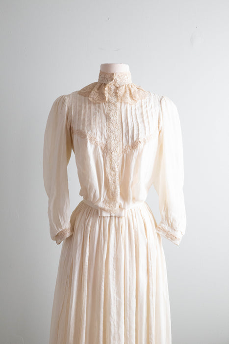 Exquisite Edwardian Cotton Wedding Gown With Lace Collar Flowing Skirt / Small