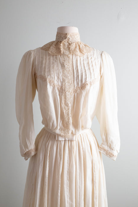 Exquisite Edwardian Cotton Wedding Gown With Lace Collar Flowing Skirt / Small