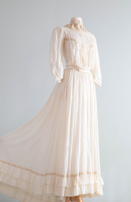 Exquisite Edwardian Cotton Wedding Gown With Lace Collar Flowing Skirt / Small