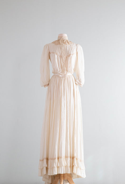 Exquisite Edwardian Cotton Wedding Gown With Lace Collar Flowing Skirt / Small