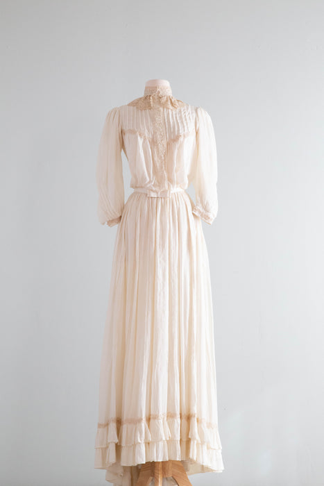 Exquisite Edwardian Cotton Wedding Gown With Lace Collar Flowing Skirt / Small